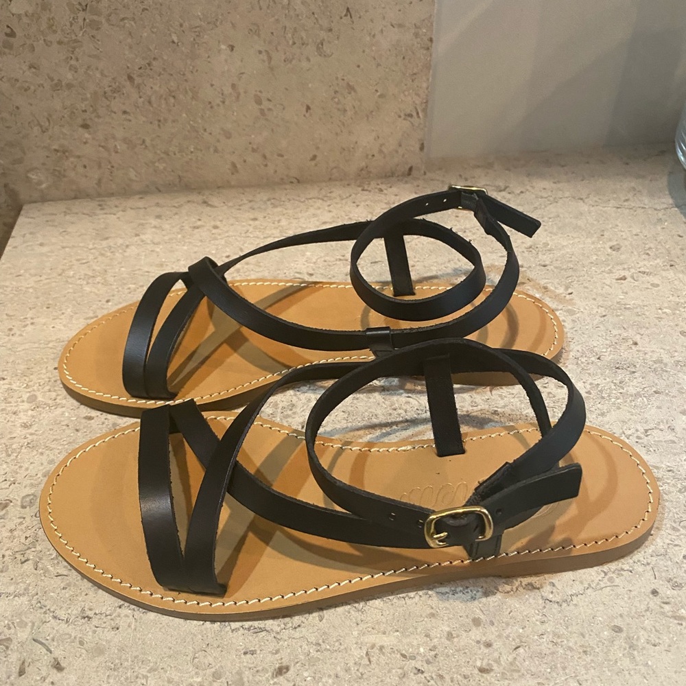 J. Crew Flat Strappy Sandals In Black Leather - Picture 6 of 14